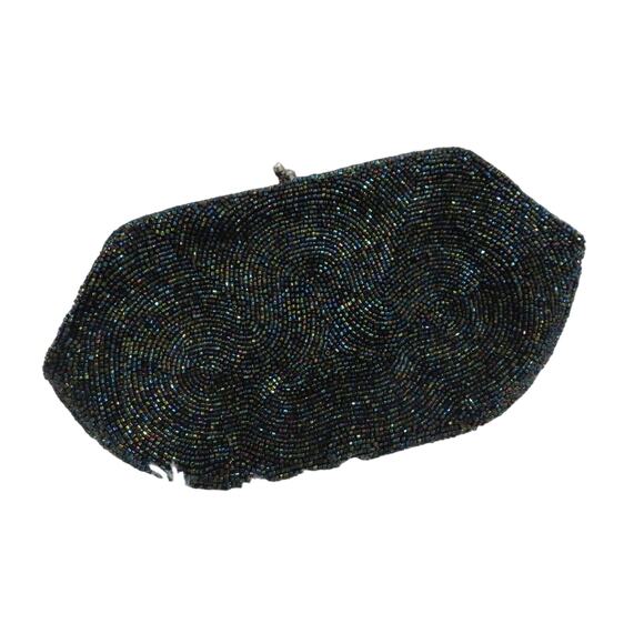 Vintage Made in Japan Black Beaded Kiss Lock Purse Evening Clutch - Picture 1 of 5